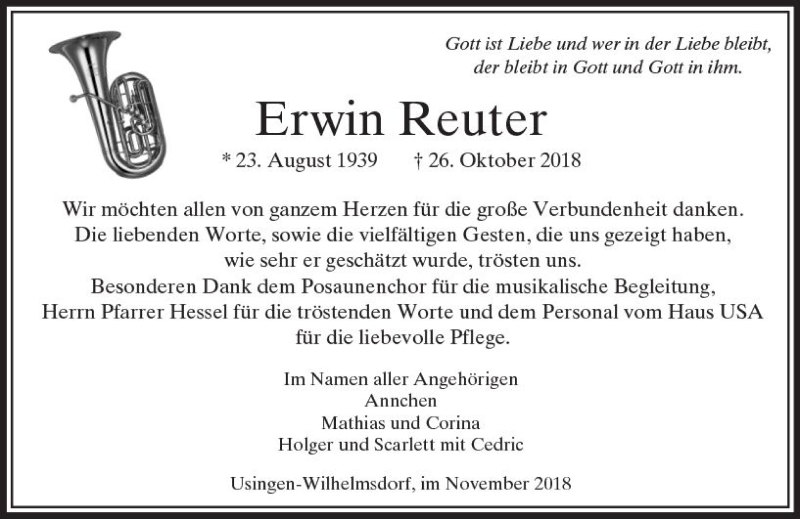  Traueranzeige für Erwin Reuter vom 24.11.2018 aus  Usinger Anzeiger