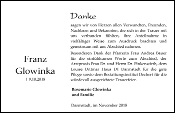 Traueranzeige von Franz Glowinka von vrm-trauer