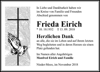 Traueranzeige von Frieda Eirich von VRM Trauer