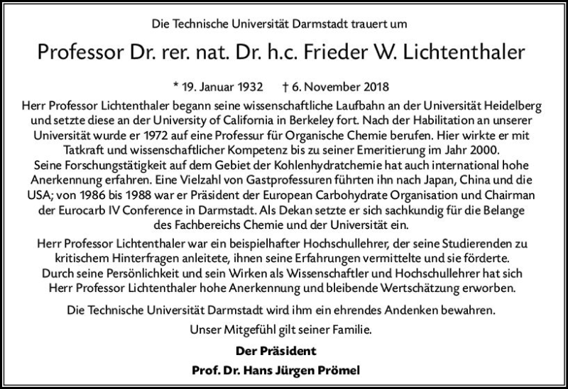  Traueranzeige für Frieder W. Lichtenthaler vom 15.11.2018 aus vrm-trauer