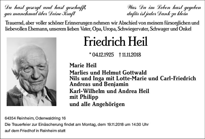 Traueranzeige für Friedrich Heil vom 17.11.2018 aus vrm-trauer