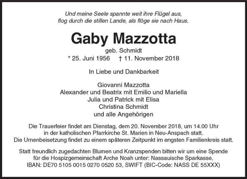  Traueranzeige für Gaby Mazzotta vom 17.11.2018 aus  Usinger Anzeiger