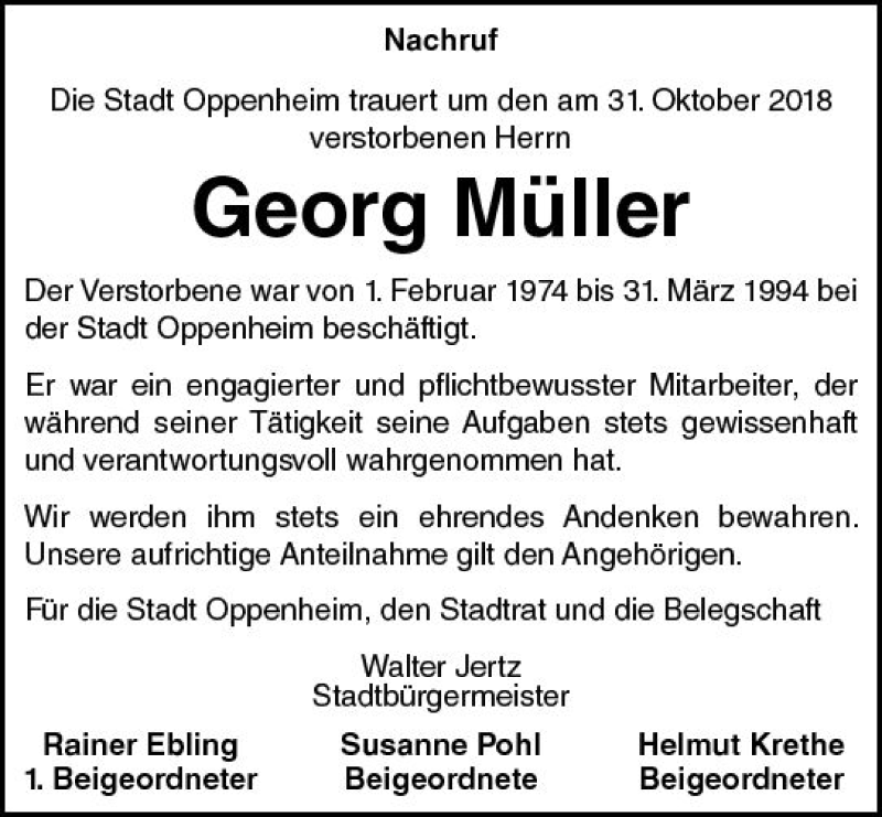  Traueranzeige für Georg Müller vom 15.11.2018 aus vrm-trauer