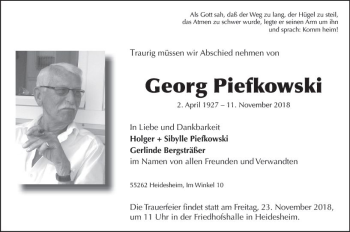 Traueranzeige von Georg Piefkowski von vrm-trauer