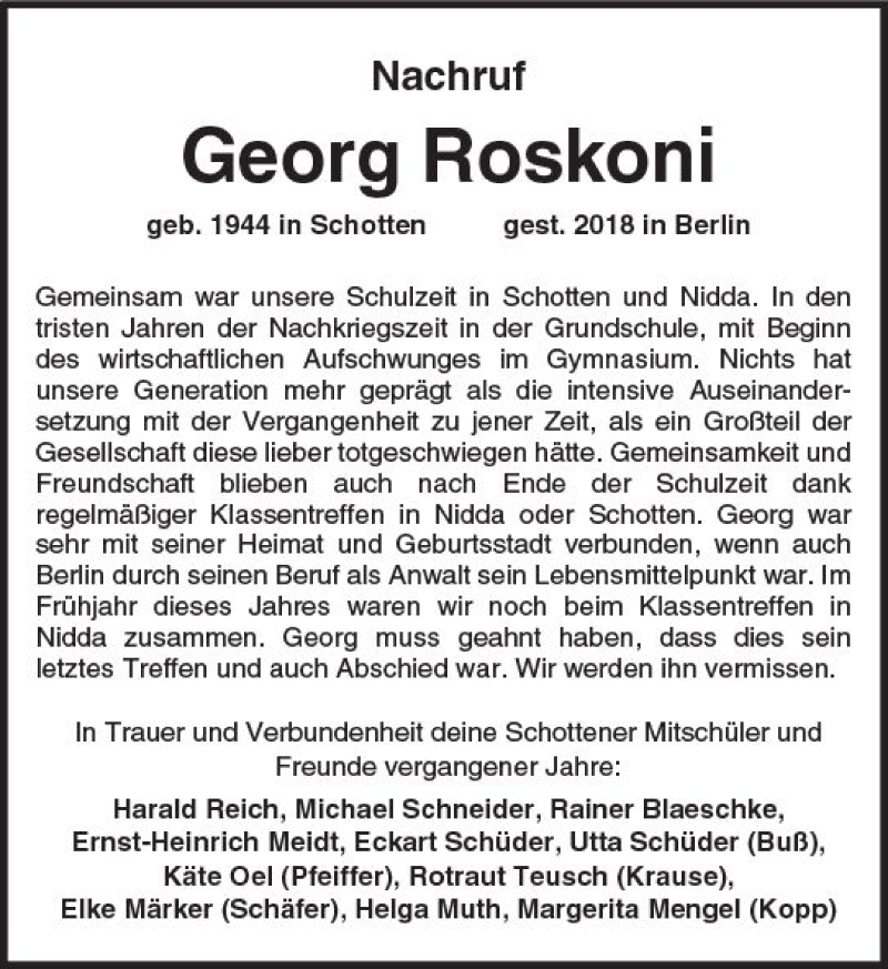  Traueranzeige für Georg Roskoni vom 24.11.2018 aus  Kreisanzeiger