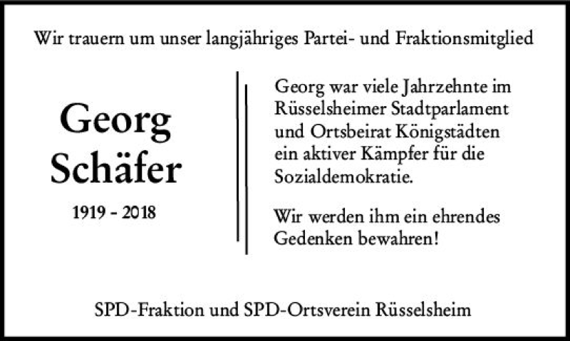  Traueranzeige für Georg Schäfer vom 22.11.2018 aus vrm-trauer