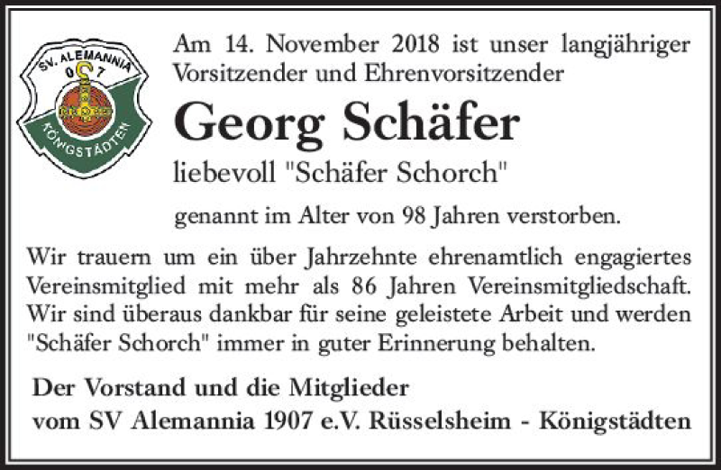  Traueranzeige für Georg Schäfer vom 24.11.2018 aus vrm-trauer