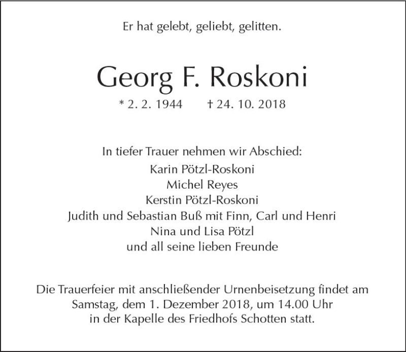  Traueranzeige für Georg F. Roskoni vom 24.11.2018 aus  Kreisanzeiger