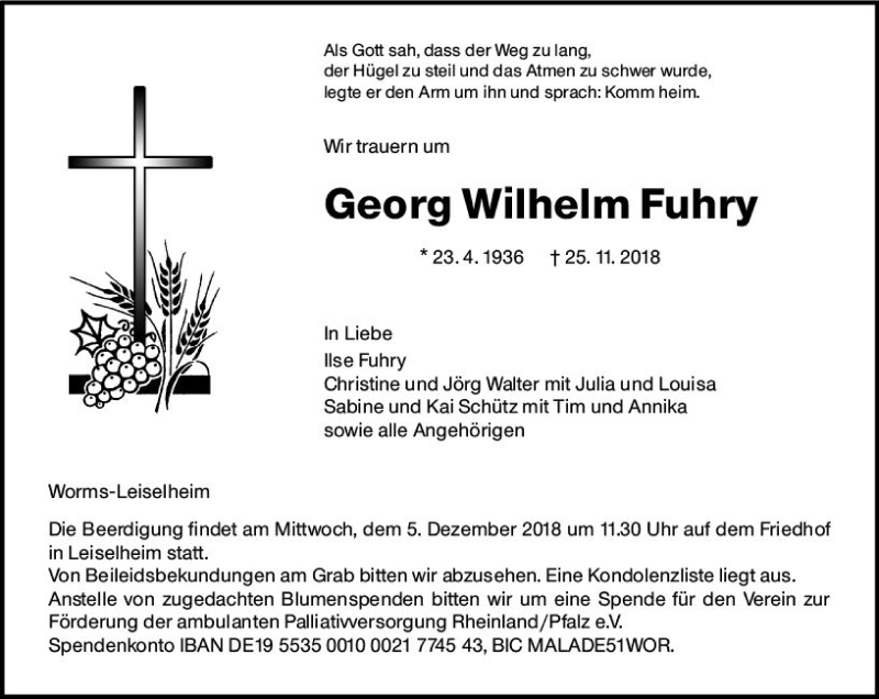  Traueranzeige für Georg Wilhelm Fuhry vom 30.11.2018 aus vrm-trauer