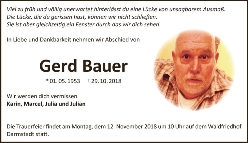  Traueranzeige für Gerd Bauer vom 03.11.2018 aus vrm-trauer