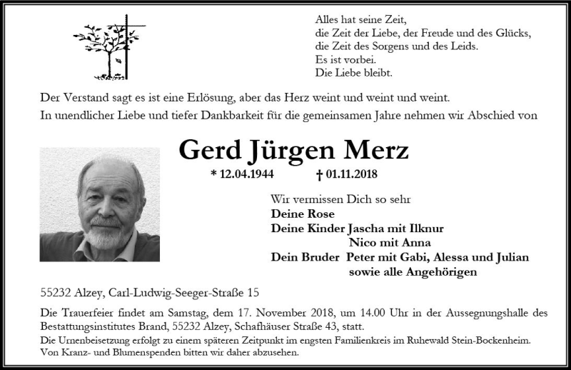  Traueranzeige für Gerd Jürgen Merz vom 10.11.2018 aus vrm-trauer