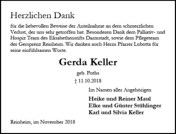 Traueranzeige von Gerda Keller von vrm-trauer