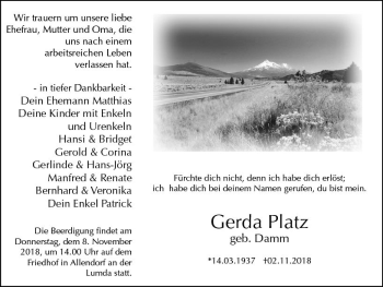 Traueranzeige von Gerda Platz von  Gießener Anzeiger