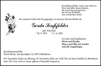 Traueranzeige von Gerda Senfsfelder von vrm-trauer