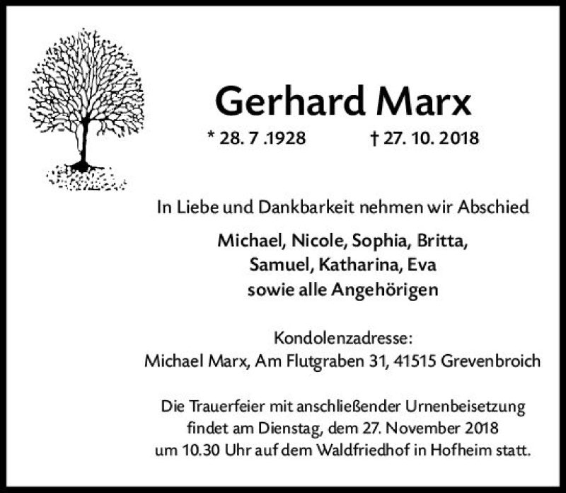 Traueranzeige für Gerhard Marx vom 23.11.2018 aus vrm-trauer