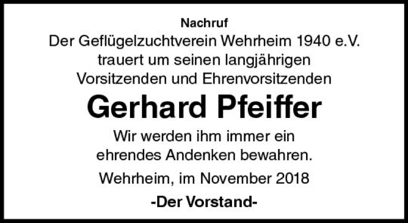  Traueranzeige für Gerhard Pfeiffer vom 17.11.2018 aus  Usinger Anzeiger