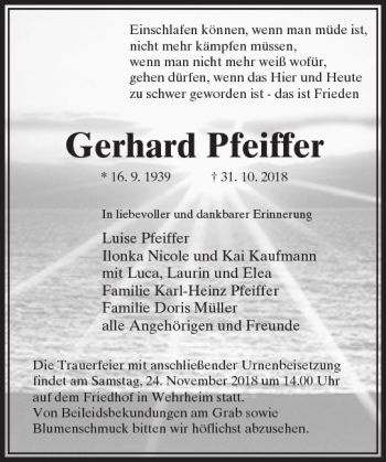 Traueranzeige von Gerhard Pfeiffer von  Usinger Anzeiger