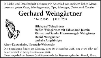 Traueranzeige von Gerhard Weingärtner von vrm-trauer