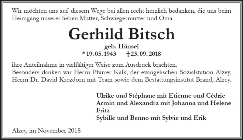  Traueranzeige für Gerhild Bitsch vom 24.11.2018 aus vrm-trauer