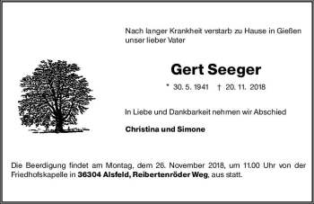 Traueranzeige von Gert Seeger von  Gießener Anzeiger