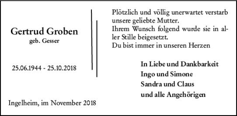  Traueranzeige für Gertrud Groben vom 09.11.2018 aus vrm-trauer