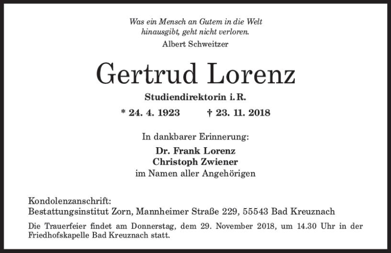  Traueranzeige für Gertrud Lorenz vom 27.11.2018 aus vrm-trauer