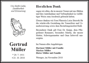 Traueranzeige von Gertrud Müller von VRM Trauer