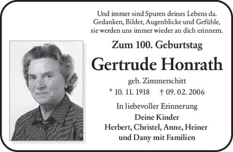  Traueranzeige für Gertrude Honrath vom 10.11.2018 aus vrm-trauer