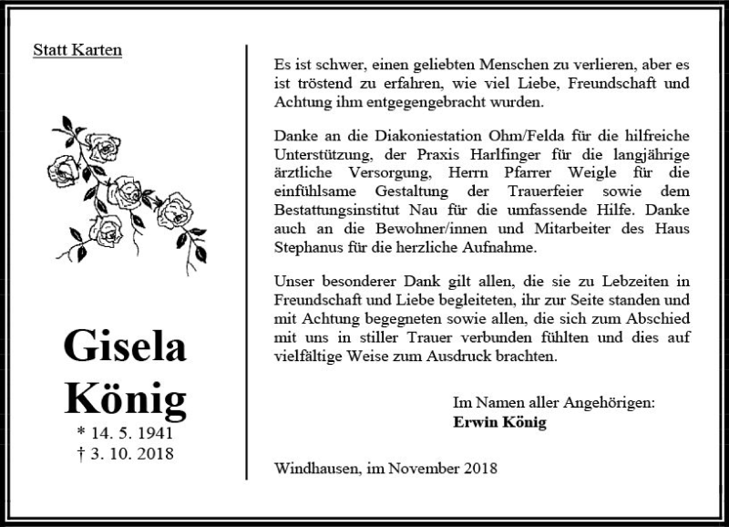  Traueranzeige für Gisela König vom 24.11.2018 aus VRM Trauer