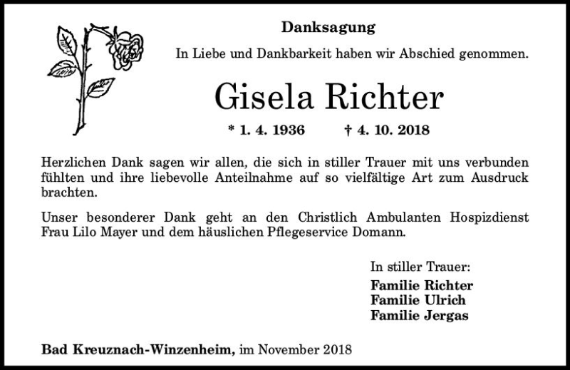  Traueranzeige für Gisela Richter vom 13.11.2018 aus vrm-trauer