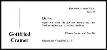 Traueranzeige von Gottfried Cramer von  Gießener Anzeiger