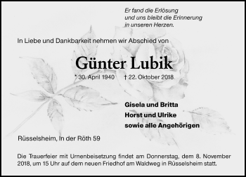 Traueranzeige von Günter Lubik von vrm-trauer