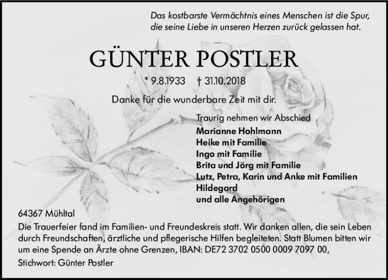  Traueranzeige für Günter Postler vom 10.11.2018 aus vrm-trauer