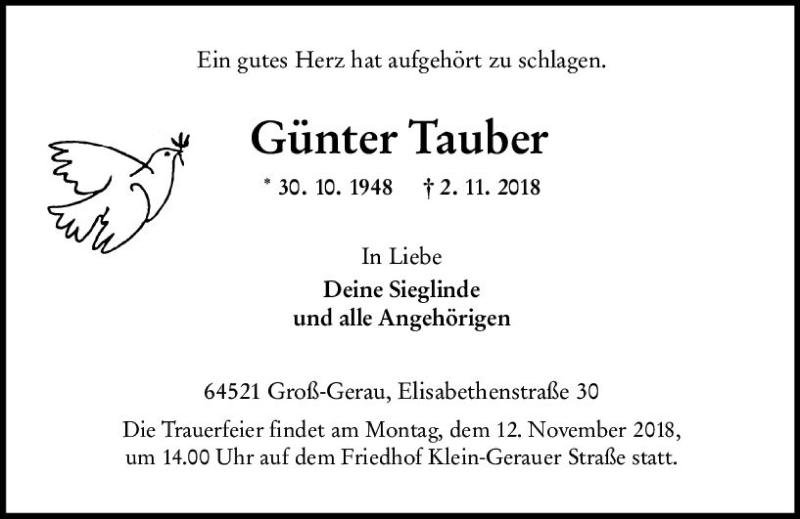  Traueranzeige für Günter Tauber vom 10.11.2018 aus vrm-trauer