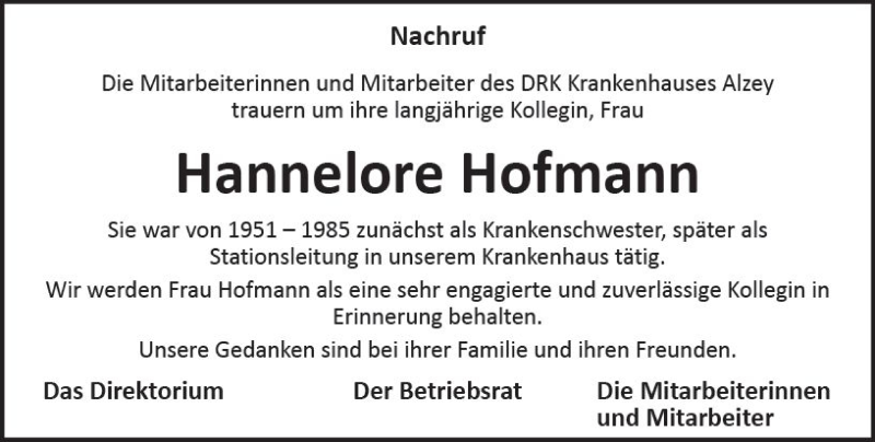  Traueranzeige für Hannelore Hofmann vom 10.11.2018 aus vrm-trauer