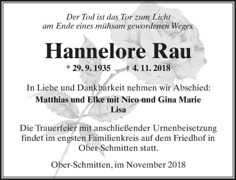  Traueranzeige für Hannelore Rau vom 10.11.2018 aus  Kreisanzeiger