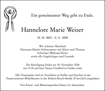 Traueranzeige von Hannelore Marie Weiser von  Gießener Anzeiger