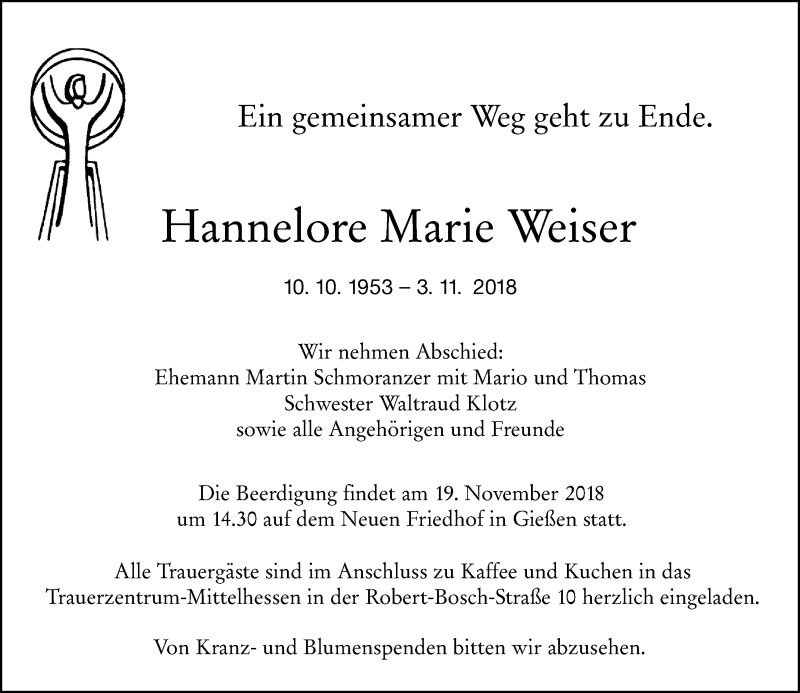 Traueranzeige für Hannelore Marie Weiser vom 10.11.2018 aus  Gießener Anzeiger