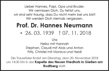Traueranzeige von Hannes Neumann von  Gießener Anzeiger