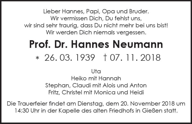  Traueranzeige für Hannes Neumann vom 14.11.2018 aus  Gießener Anzeiger