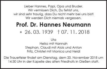 Traueranzeige von Hannes Neumann von  Gießener Anzeiger