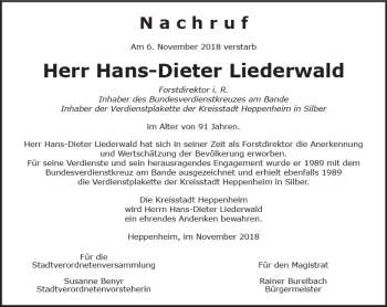 Traueranzeige von Hans-Dieter Liederwald von vrm-trauer