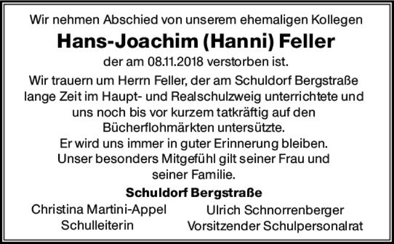  Traueranzeige für Hans-Joachim Feller vom 17.11.2018 aus vrm-trauer
