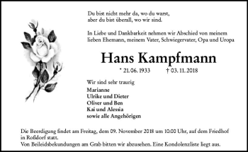 Traueranzeige von Hans Kampfmann von vrm-trauer