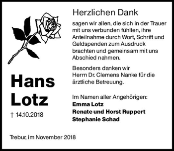 Traueranzeige von Hans Lotz von vrm-trauer