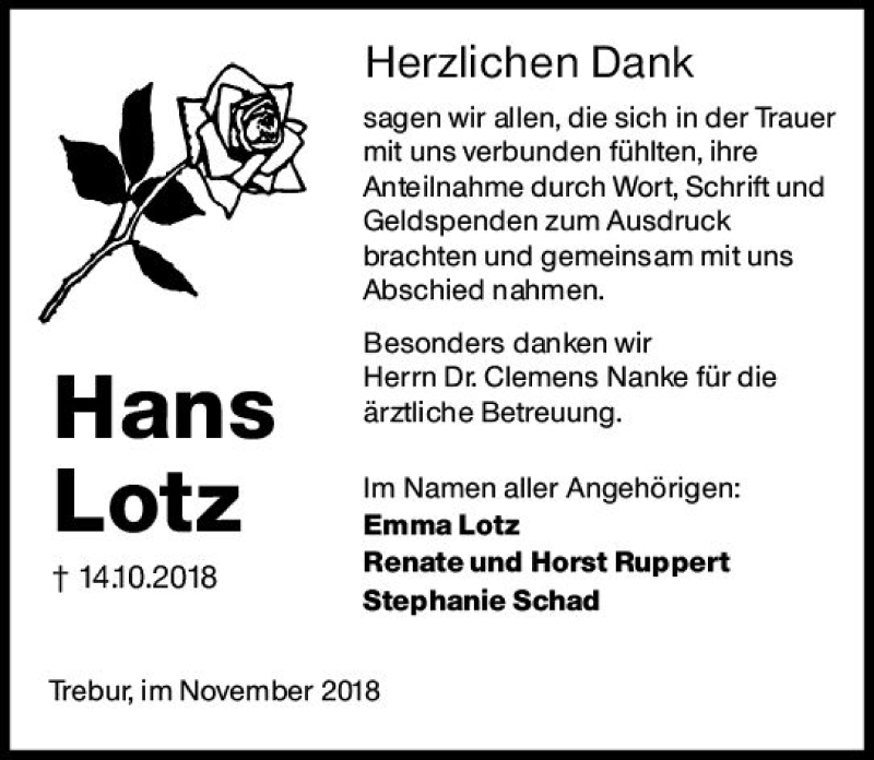  Traueranzeige für Hans Lotz vom 09.11.2018 aus vrm-trauer
