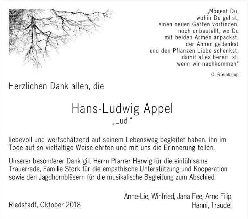  Traueranzeige für Hans-Ludwig Appel vom 07.11.2018 aus vrm-trauer