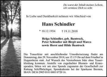 Traueranzeige von Hans Schindler von vrm-trauer