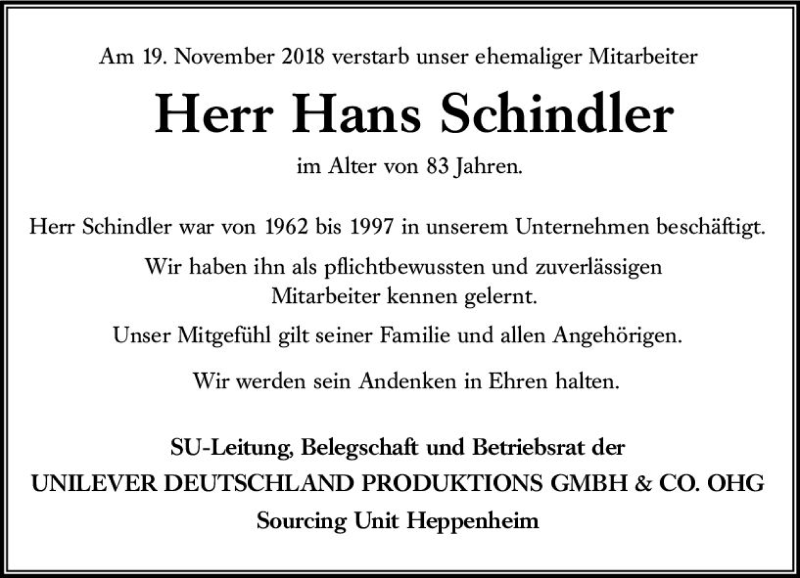  Traueranzeige für Hans Schindler vom 29.11.2018 aus vrm-trauer