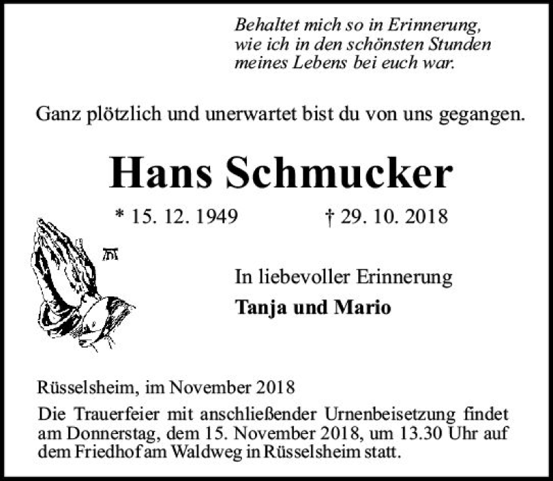  Traueranzeige für Hans Schmucker vom 10.11.2018 aus vrm-trauer